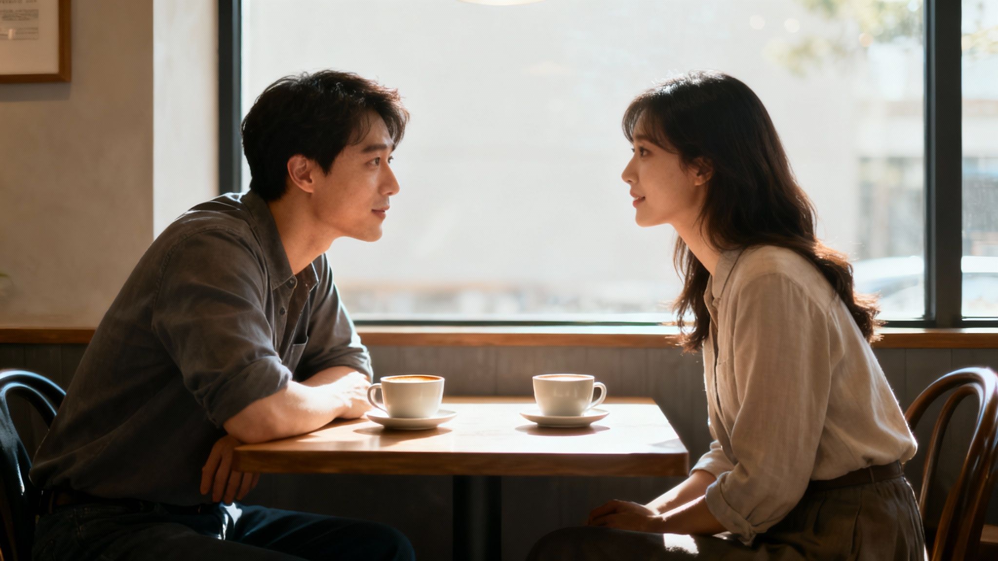 Two people having a friendly, relaxed conversation at a coffee shop, with warm lighting.