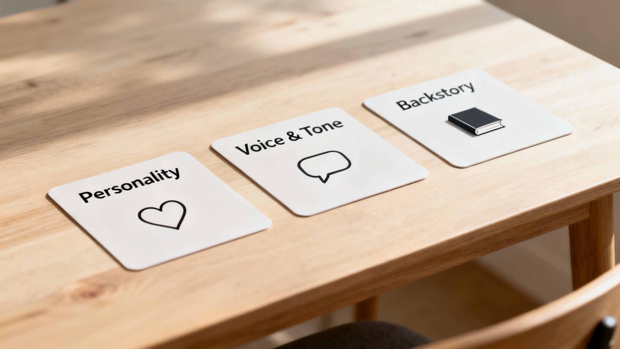 Three white cards on a wooden table defining AI character traits: Personality, Voice & Tone, Backstory.