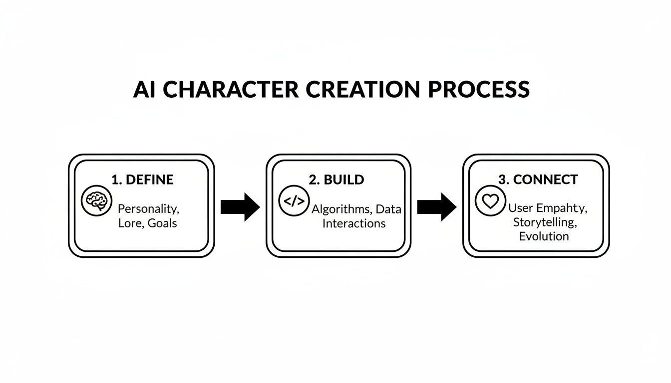 A flowchart details the three steps of AI character creation: Define, Build, and Connect.