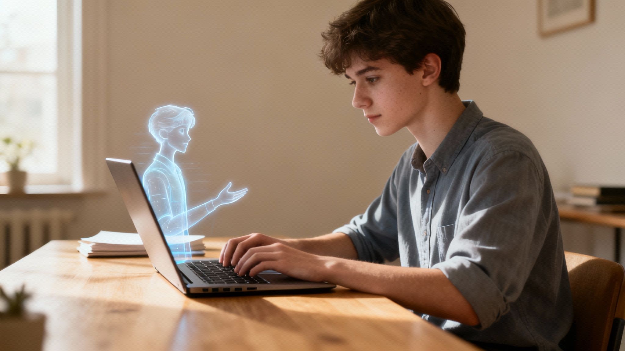 A person engrossed in their phone, with imaginative AI characters emerging from the screen, representing a roleplay scenario.