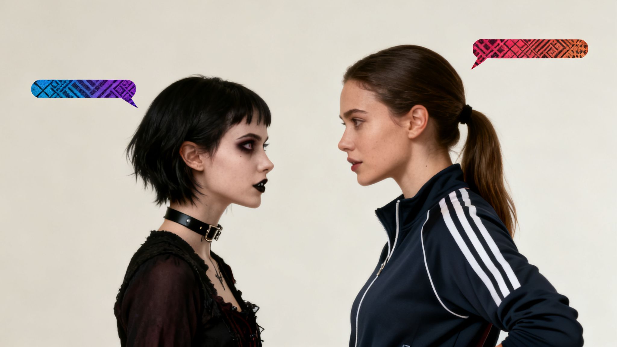 Two women, one gothic and one athletic, face each other with colorful patterned speech bubbles.