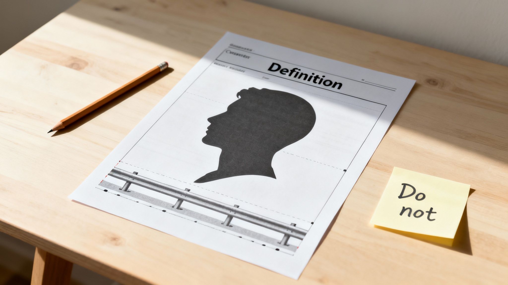 Document titled 'Definition' with man's profile, guardrail, pencil, and 'Do not' sticky note on desk.