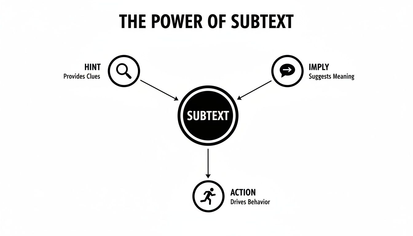 Diagram illustrating the power of subtext, showing how hints and implications lead to subtext, which drives action.