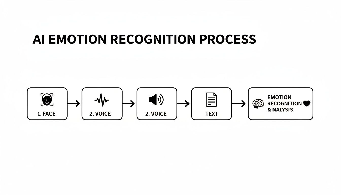 Flowchart showing the AI emotion recognition process, from face and voice input to text analysis and final emotional insights.