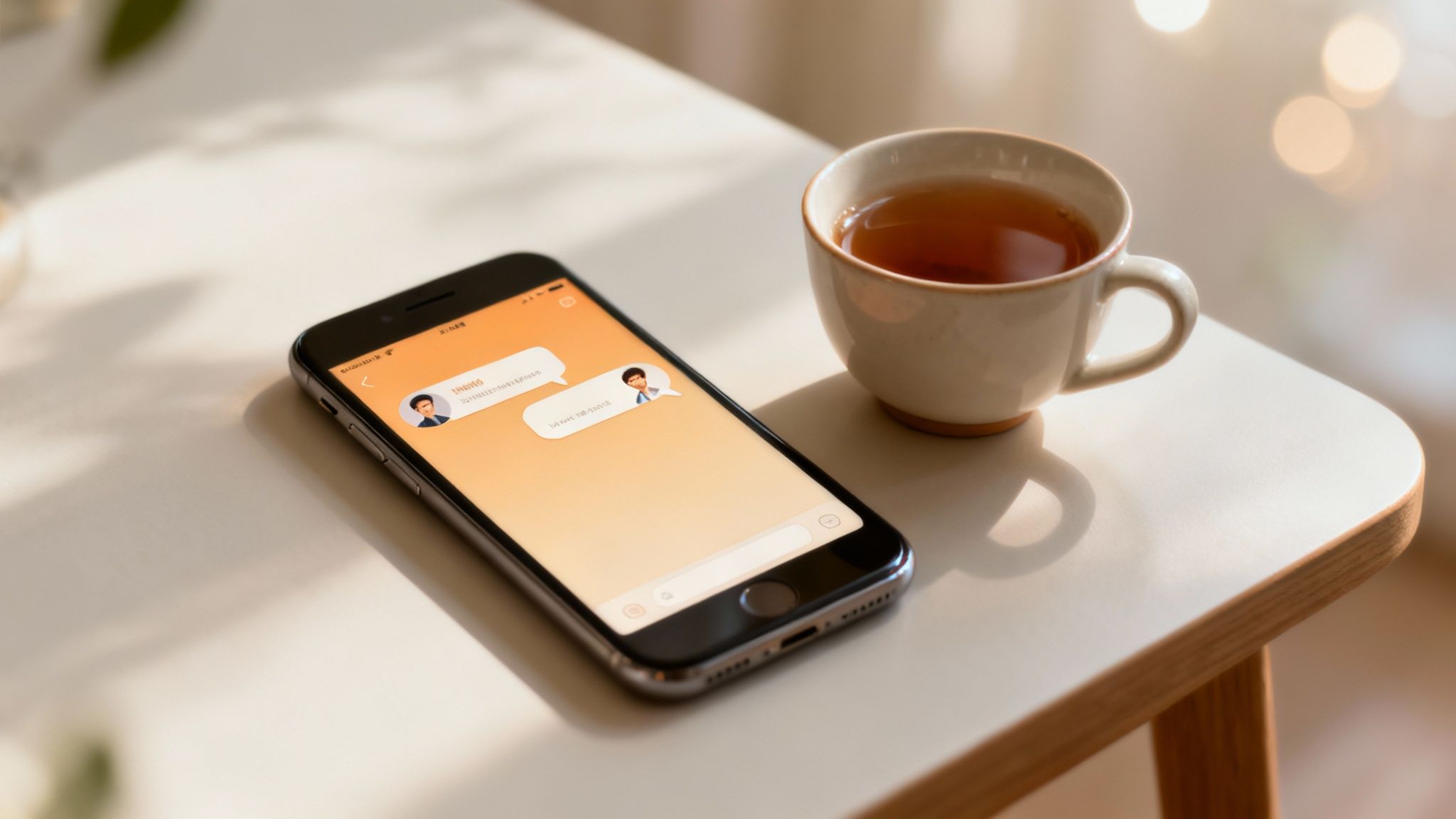 Close-up of a smartphone displaying a chat conversation next to a warm cup of tea on a bright table.