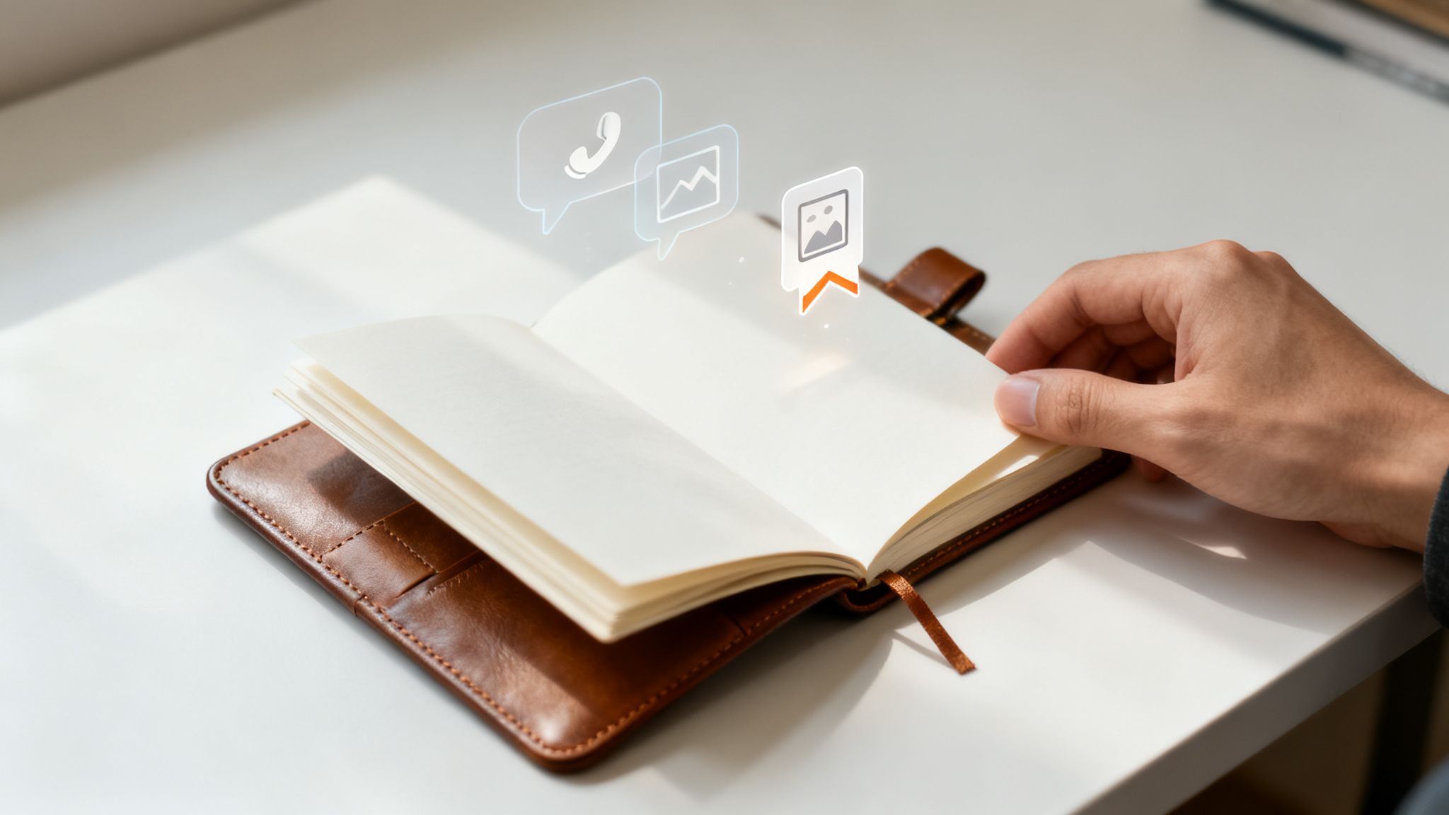 A hand turns a page in a leather-bound notebook with floating AI digital icons above it.