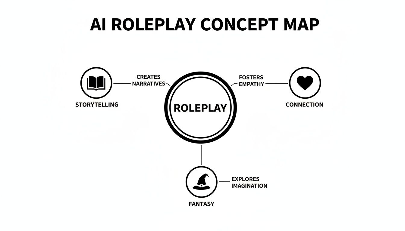 An AI Roleplay concept map illustrating how roleplay links storytelling, connection, and fantasy.