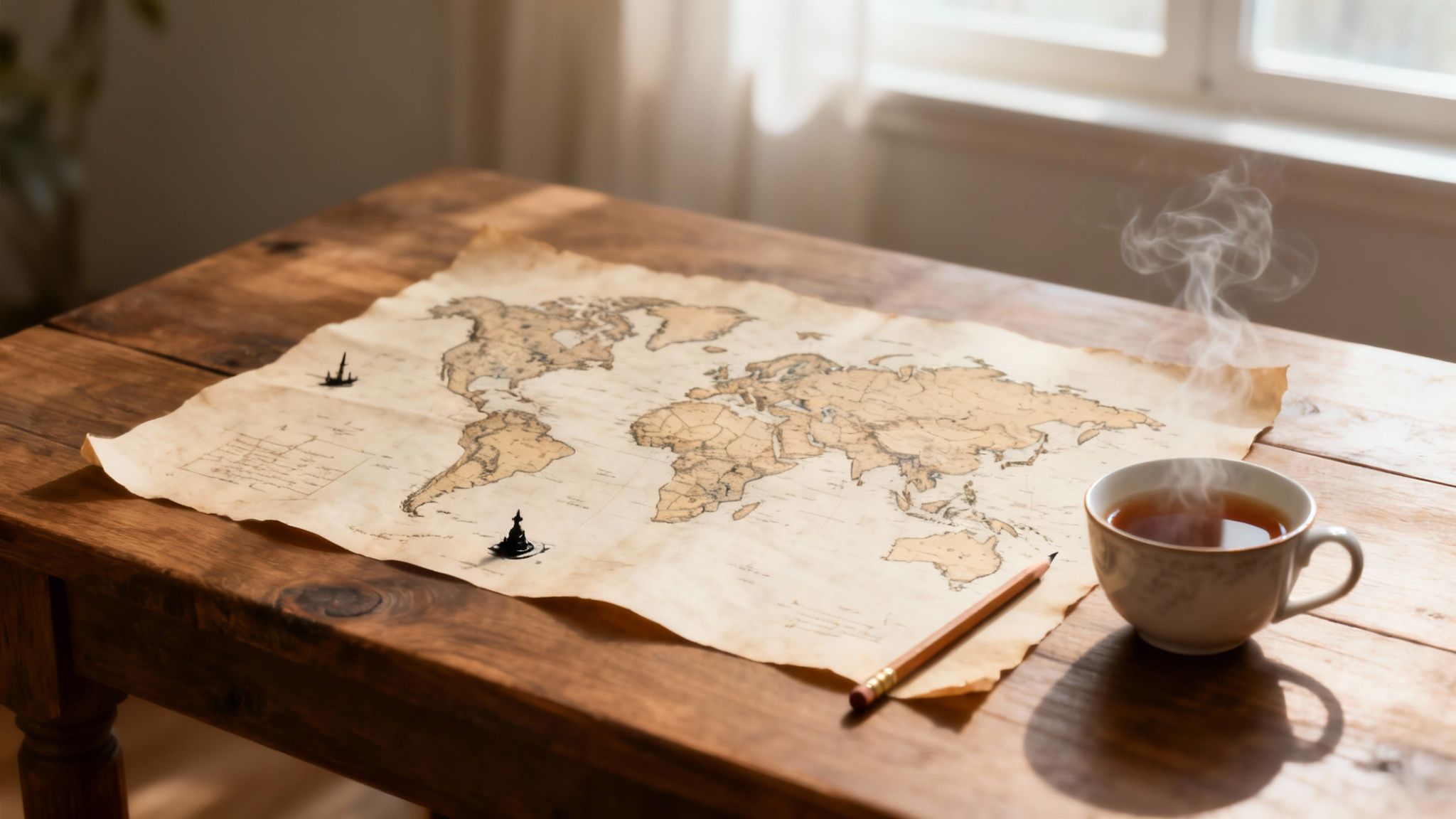 An antique world map on a wooden table with a steaming cup of tea and a pencil.
