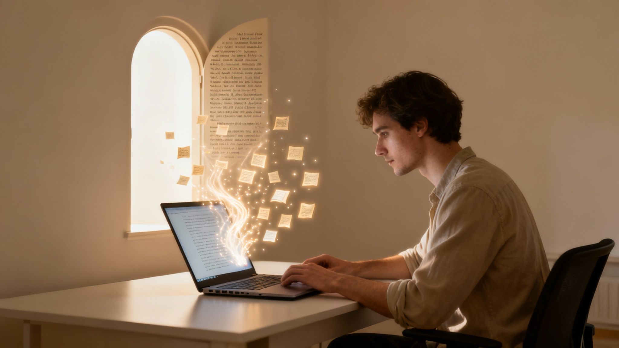 Young man focused on laptop, generating flowing glowing text and papers into an archway.