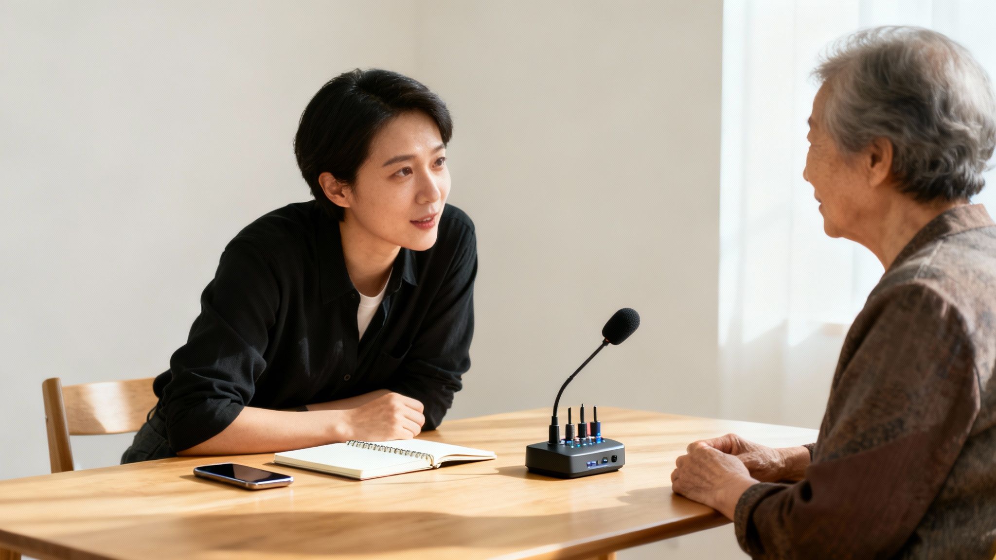 A young woman conversing with an elderly woman, using a table microphone for an interview.