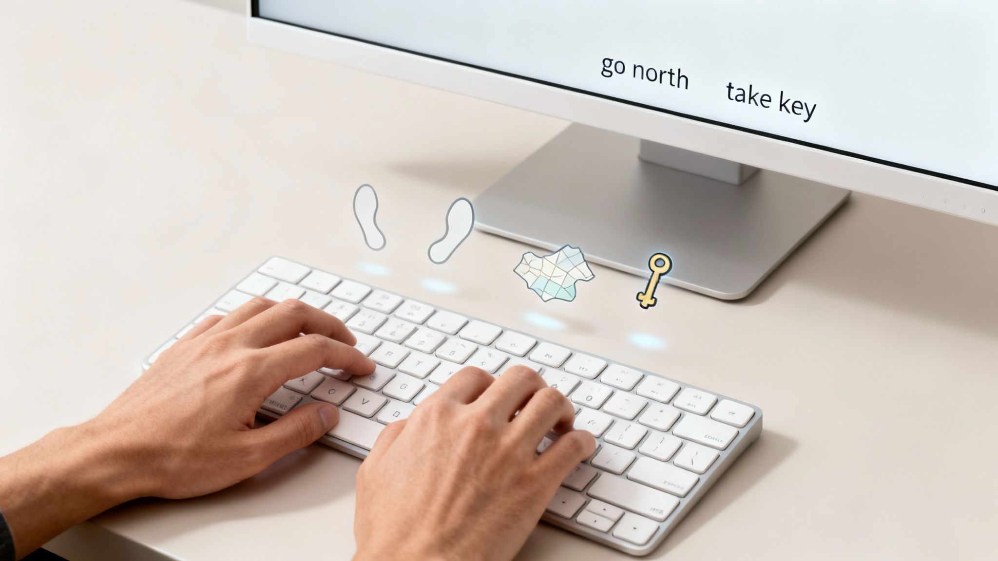 Hands typing on a computer keyboard with virtual footprints, map, and key icons floating above, and text commands 'go north' and 'take key' on a monitor.