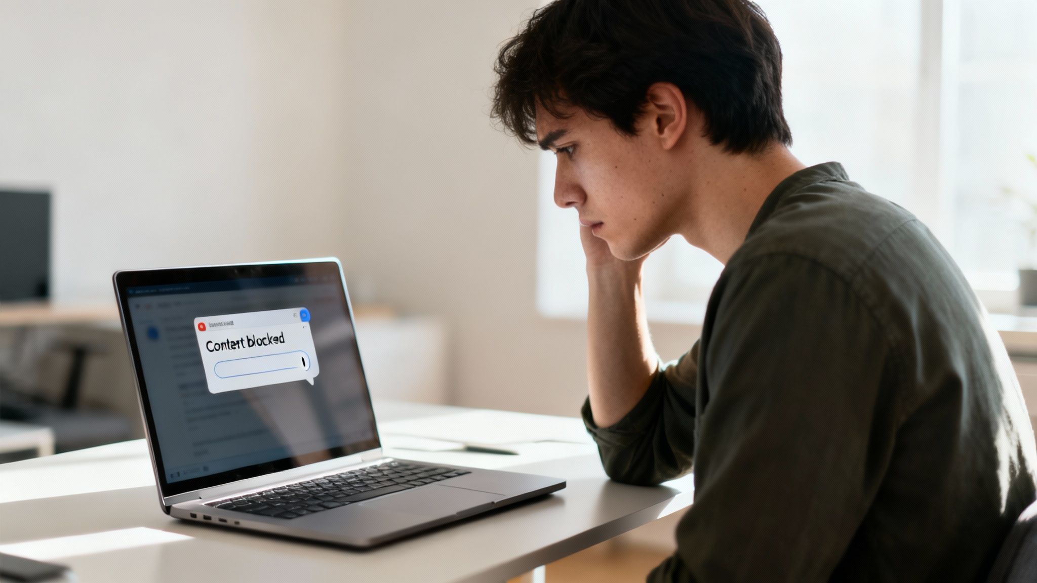 Frustrated young man stares at a laptop displaying a 'Content blocked' message.