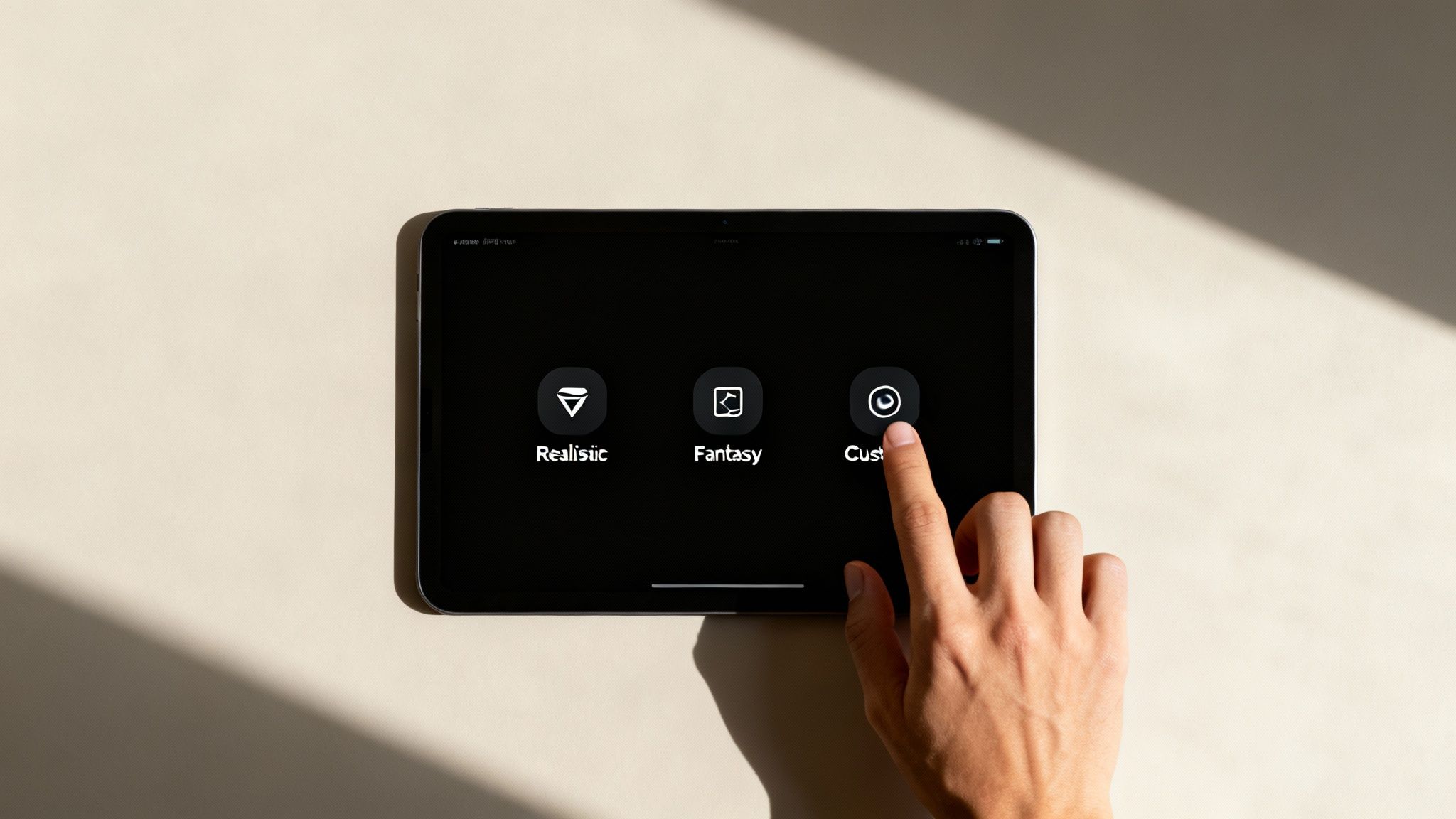 A hand touches the 'Custom' button on a tablet displaying 'Realistic', 'Fantasy' and 'Custom' options on a dark background.