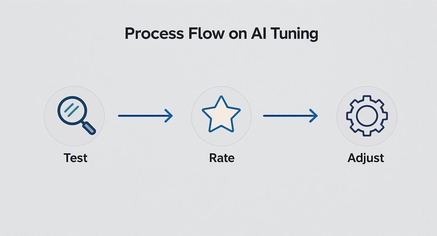 A three-step process flow for AI tuning, showing Test, Rate, and Adjust.