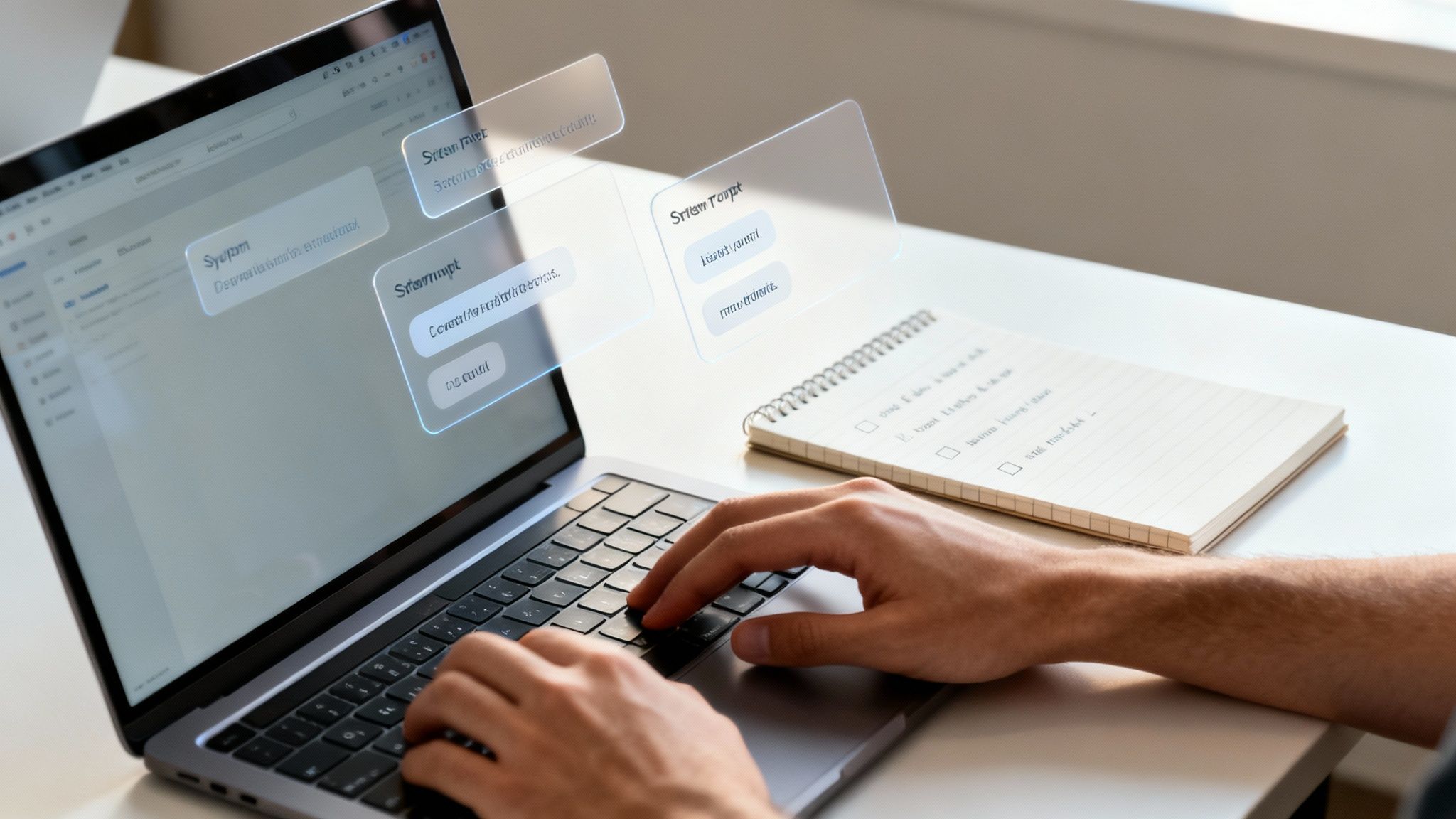 Person typing on a laptop displaying AI chat prompts and a notebook with a checklist.