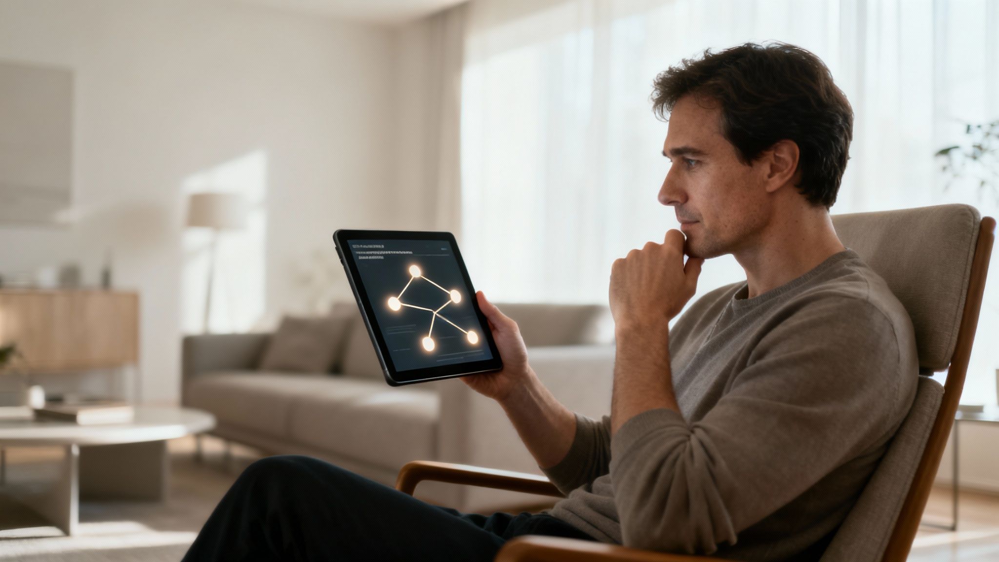 Man sitting in chair thoughtfully examining interactive constellation diagram on tablet device