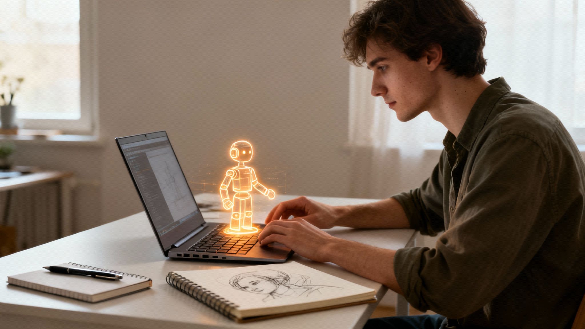 Young man codes a glowing holographic AI chatbot on his laptop at a home office desk.