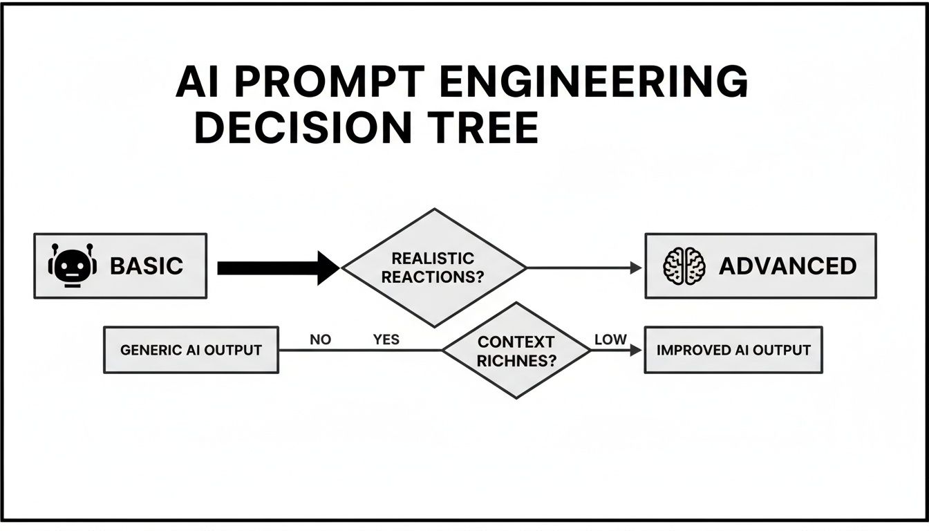 A flowchart illustrating an AI prompt engineering decision tree for improving AI output.