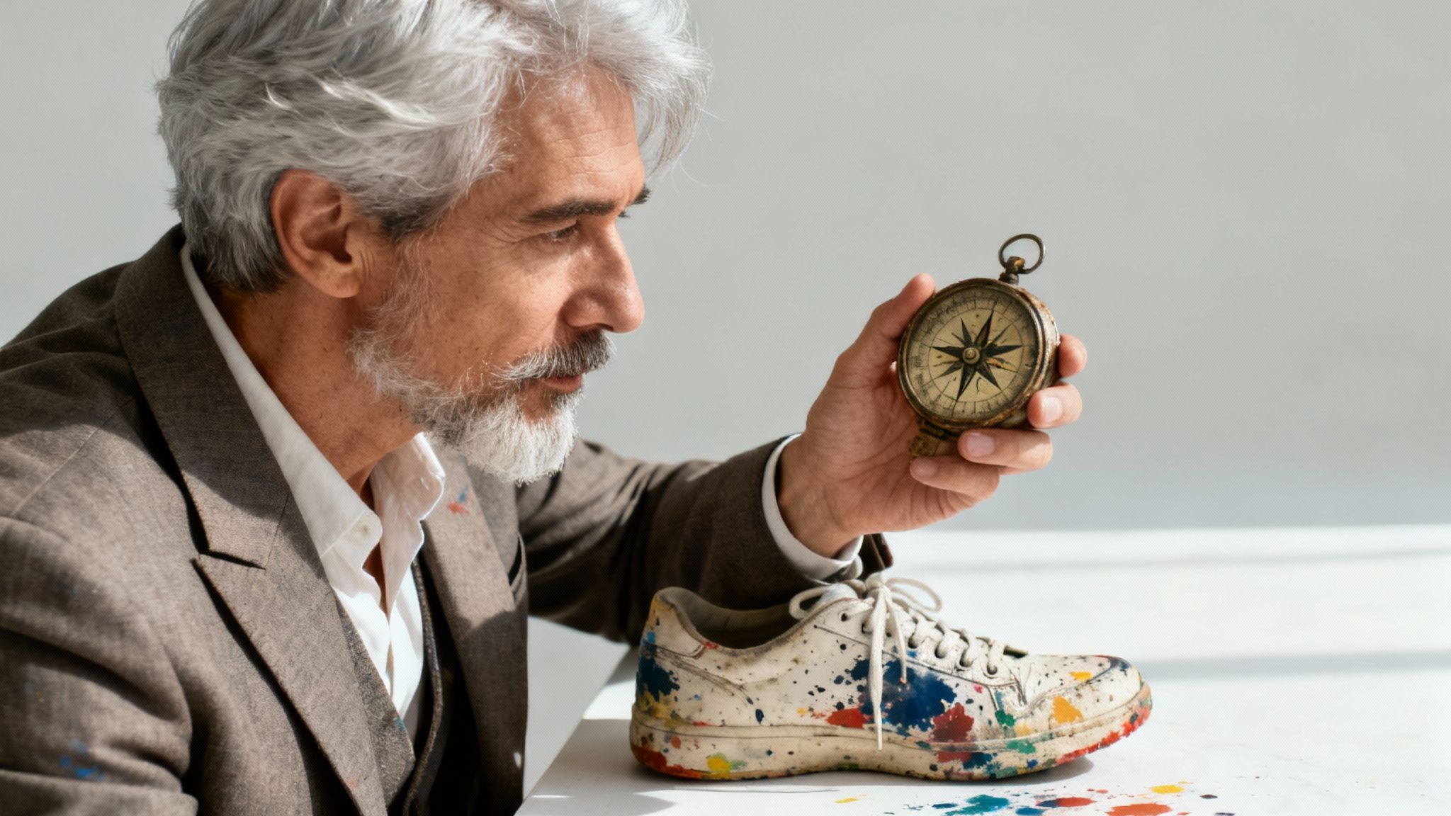 A man with a grey beard looks intently at an old compass next to a paint-splattered shoe.