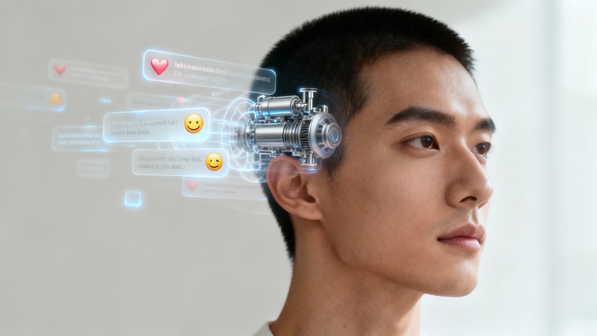 A close-up of a man with a futuristic brain interface projecting thoughts and emotions as glowing text bubbles.