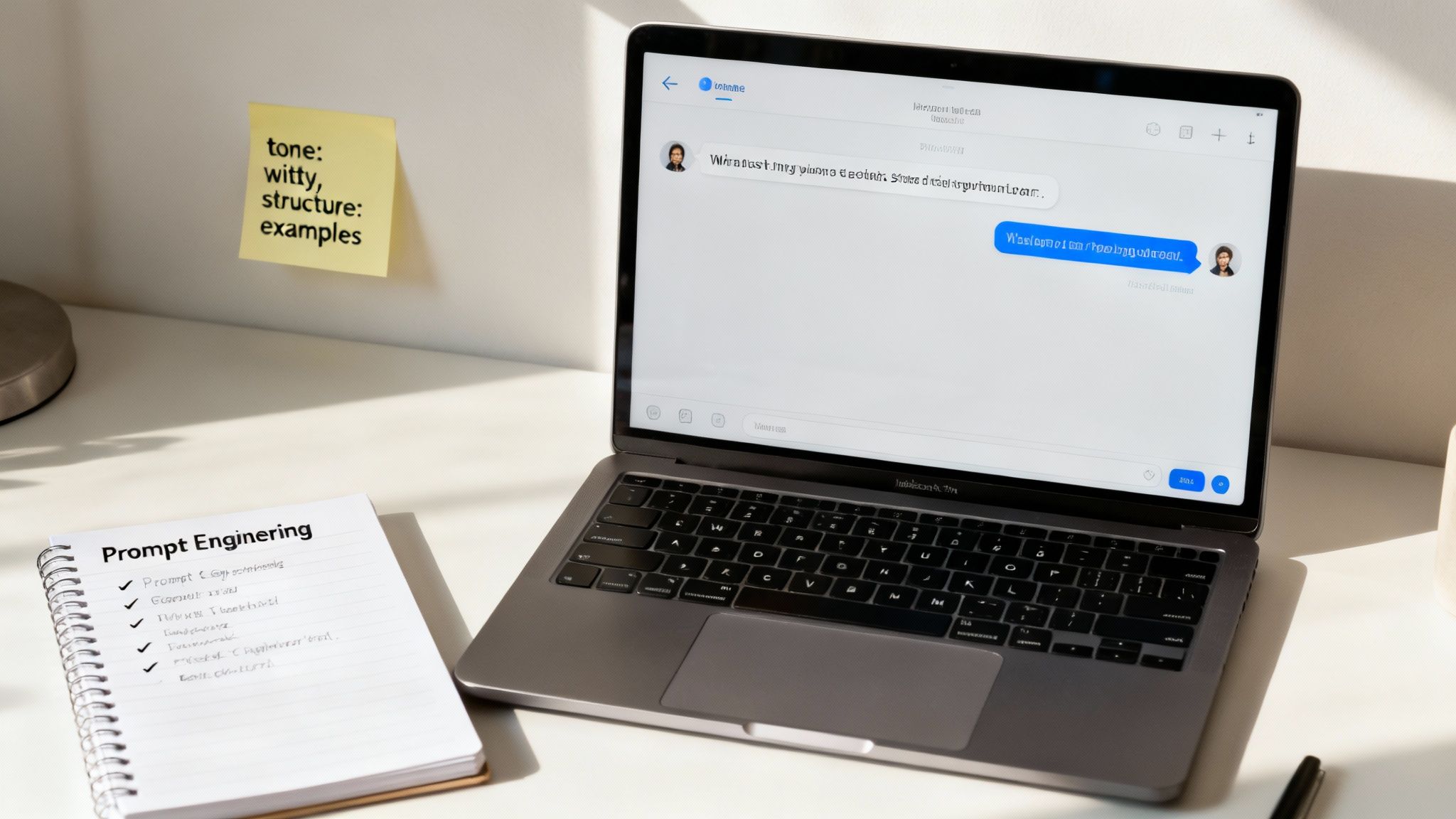 A clean desk workspace with a laptop, a notebook titled 'Prompt Engineering', and a sticky note.