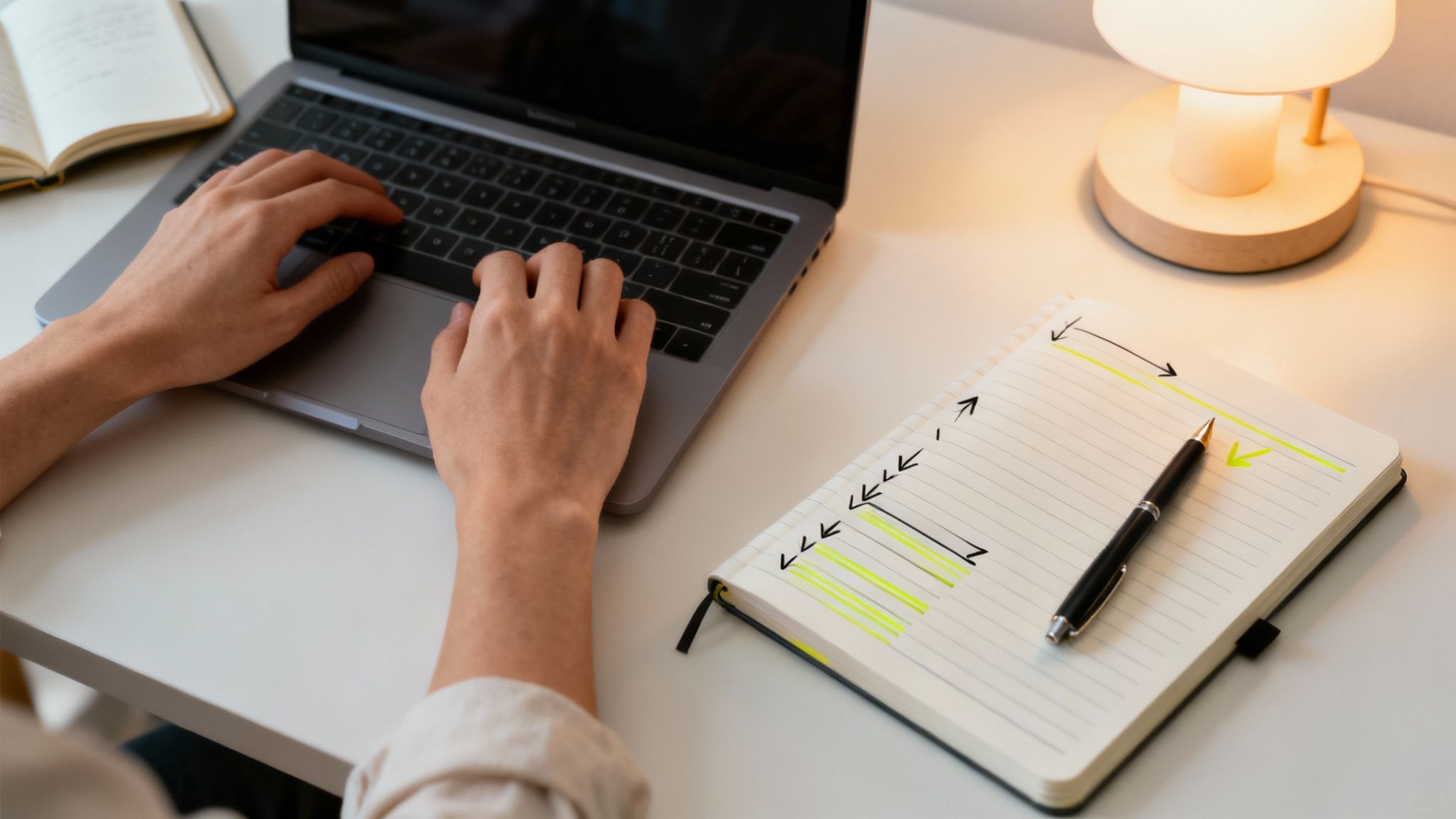 A person writing in a notebook, surrounded by sketches of anime characters, showing the creative process