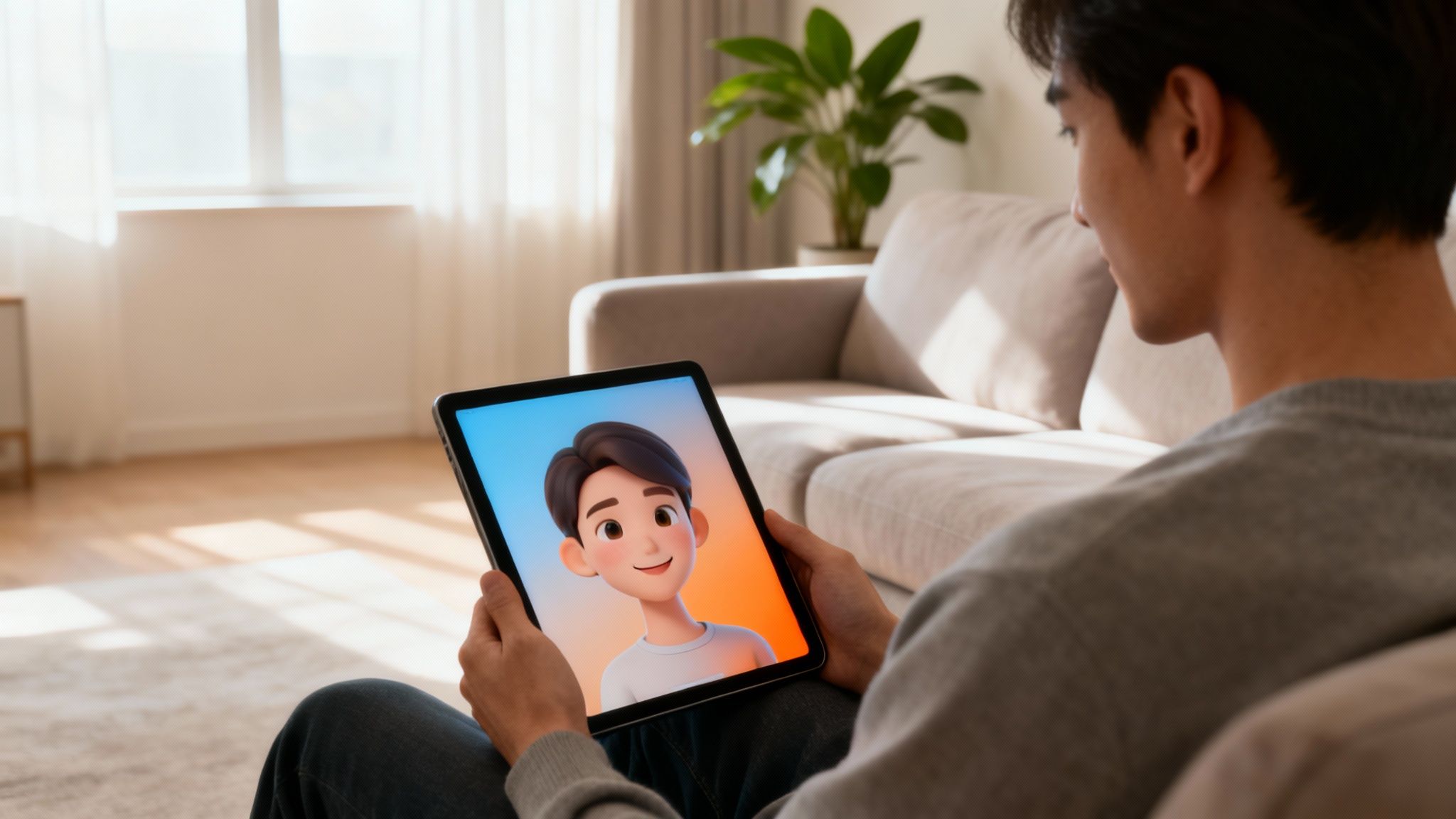A man holds a tablet displaying a smiling 3D animated character in a sunlit living room.