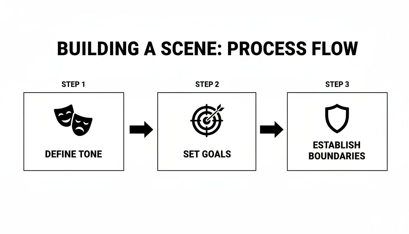 A process flow diagram illustrating three key steps for building a scene: Define Tone, Set Goals, and Establish Boundaries.