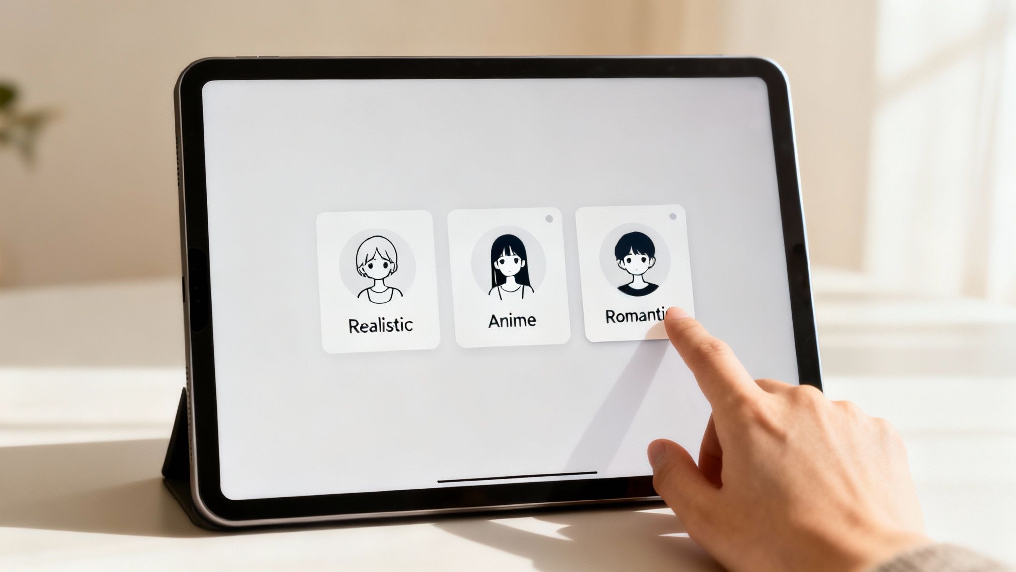 A hand taps a tablet screen displaying options for character art styles: Realistic, Anime, Romantic.