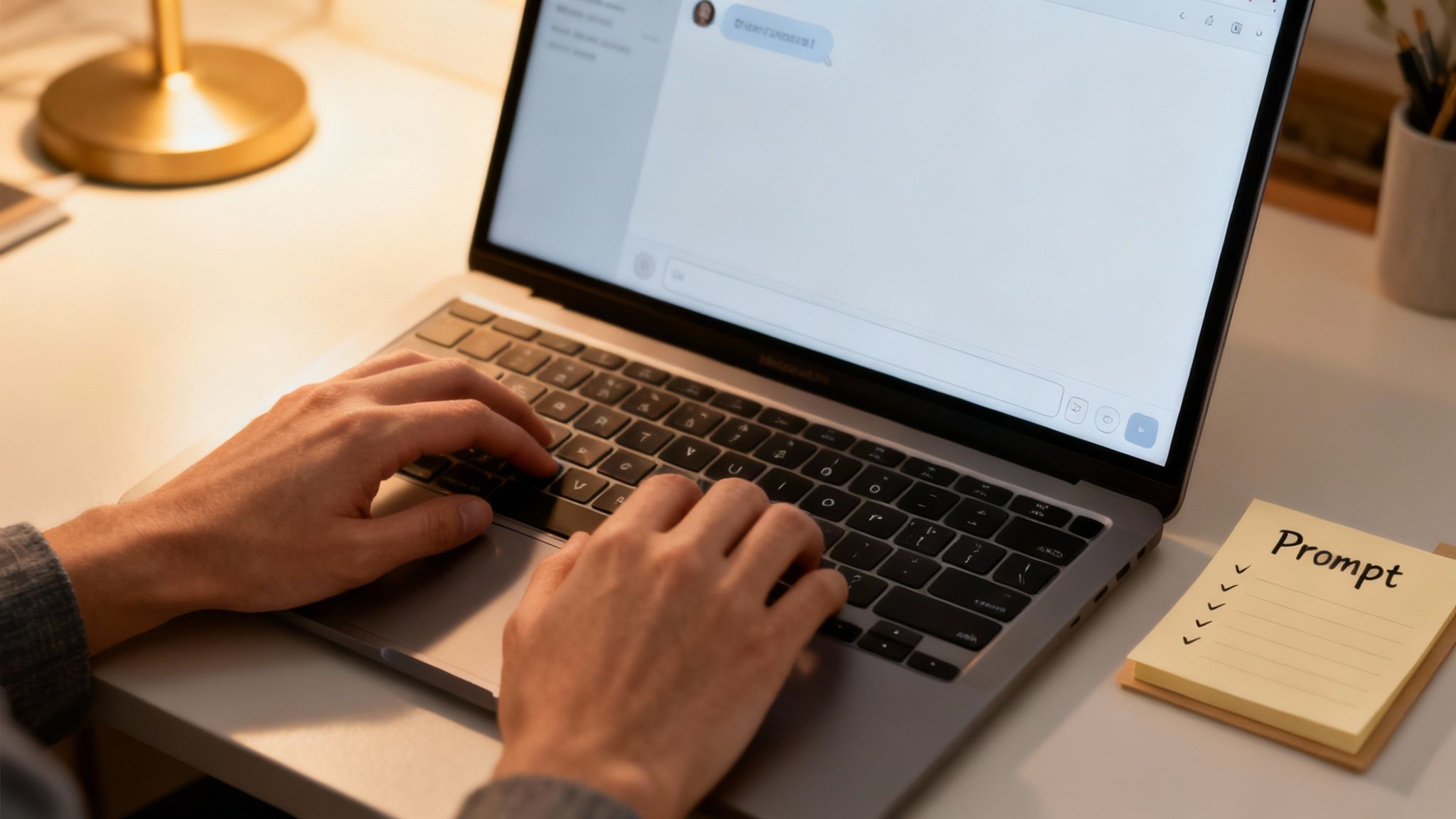 Hands typing on a laptop with a chat interface, next to a sticky note pad labeled 'Prompt'.