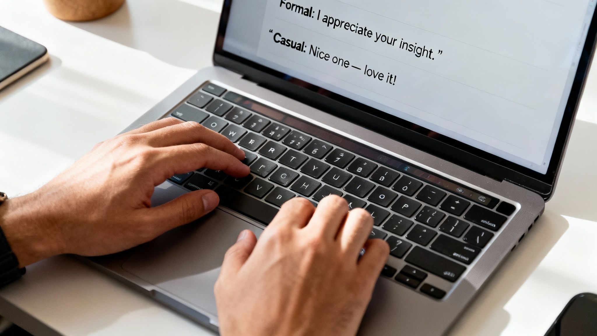 Hands typing on a laptop keyboard, displaying examples of formal and casual communication.