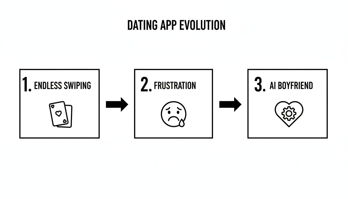 A diagram illustrates the evolution of dating apps from endless swiping to frustration and finally an AI boyfriend.