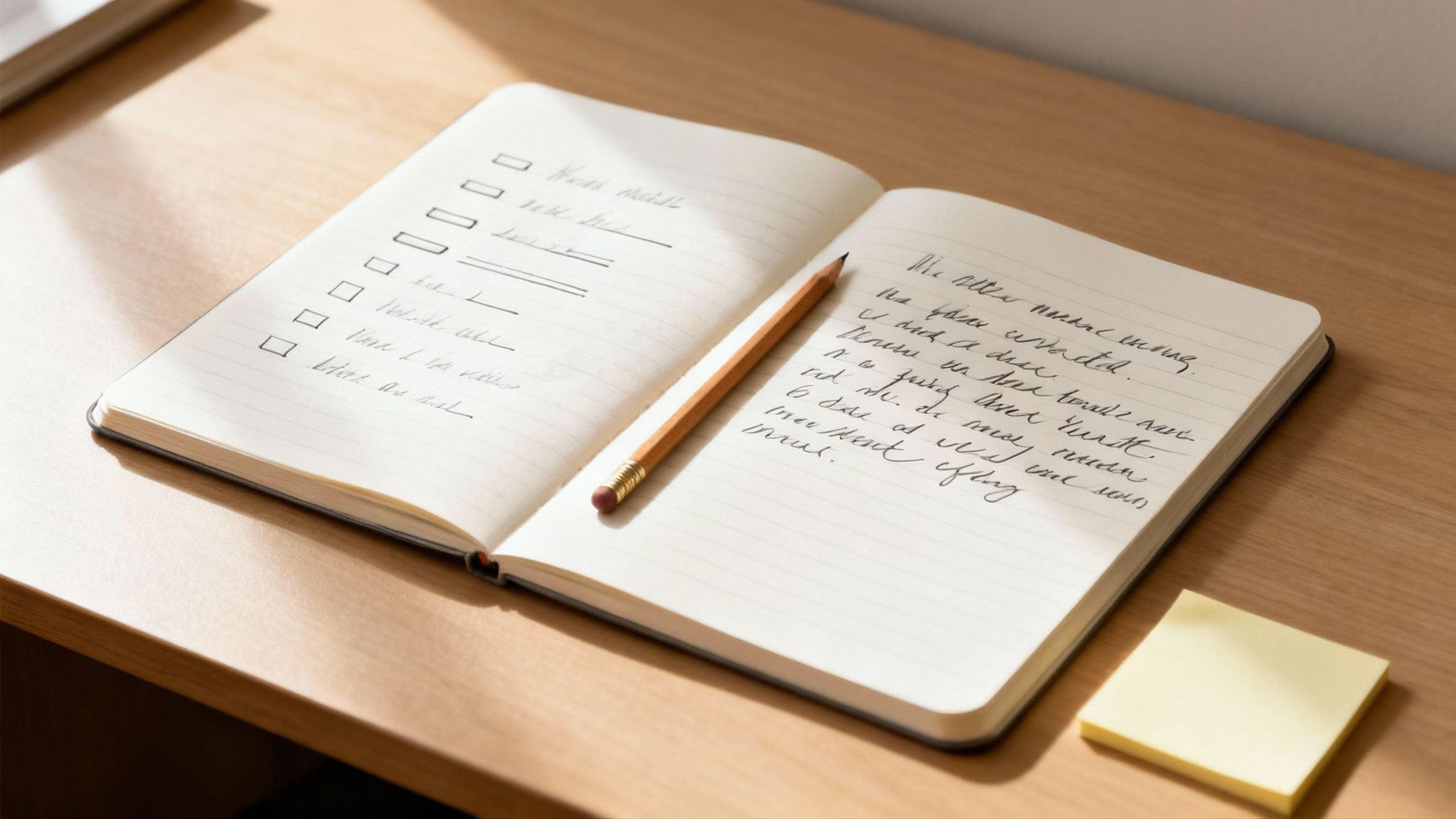 An open notebook with a handwritten checklist, notes, and a pencil on a light wooden desk.