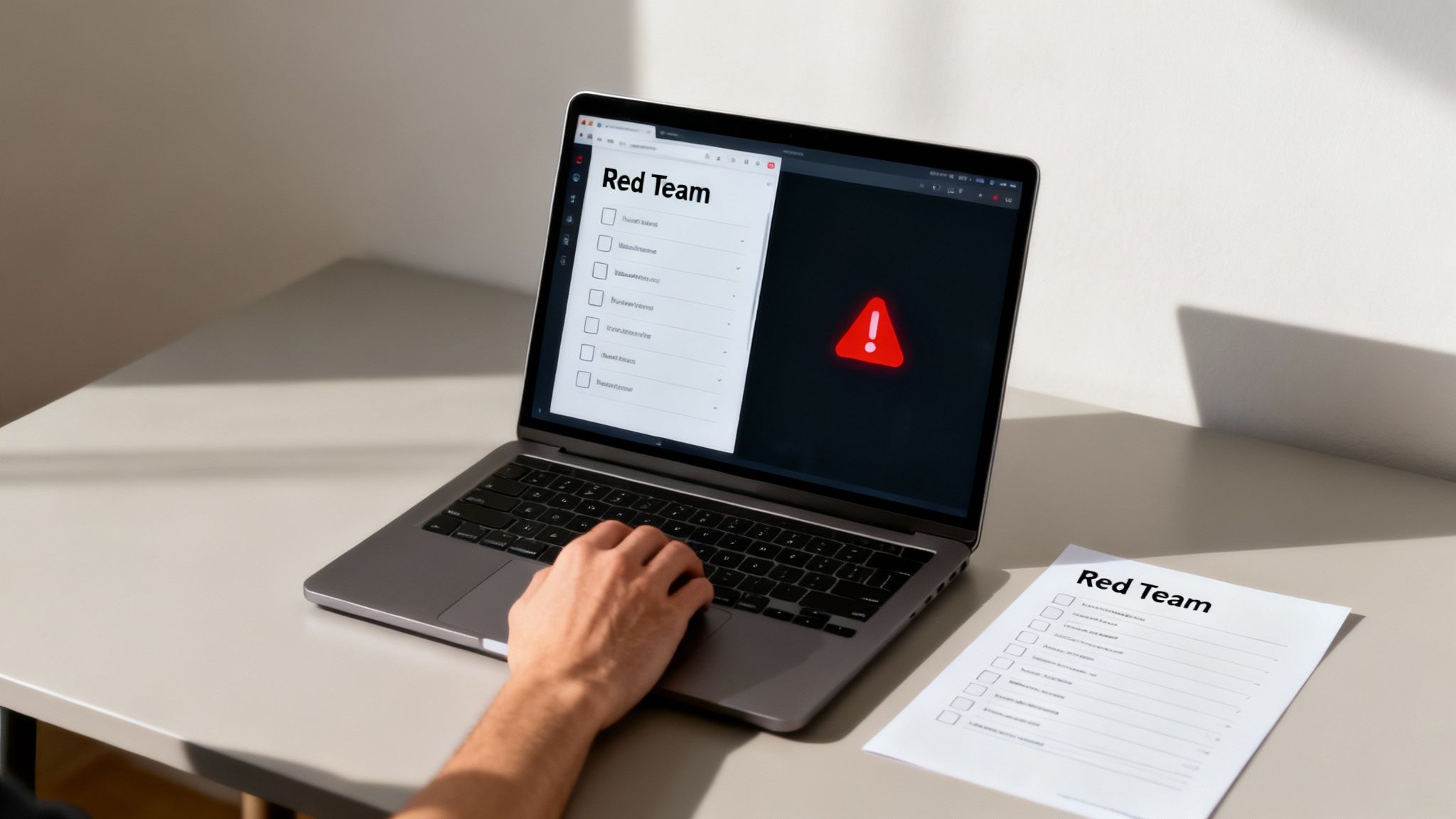 A person's hand types on a laptop screen displaying a 'Red Team' checklist and a large warning icon, with a physical checklist on the desk.