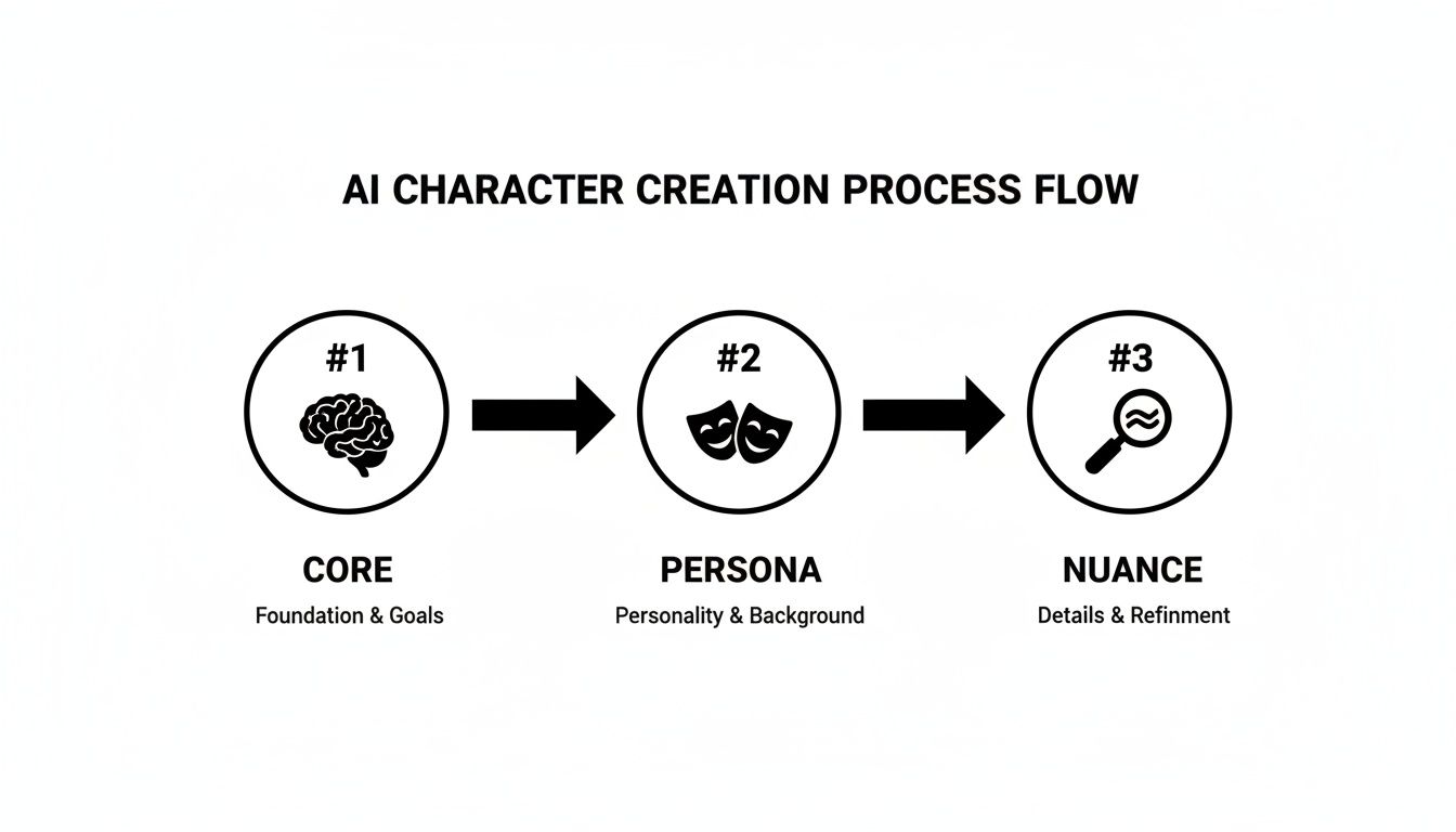 A three-step AI character creation process flow, showing Core, Persona, and Nuance stages.