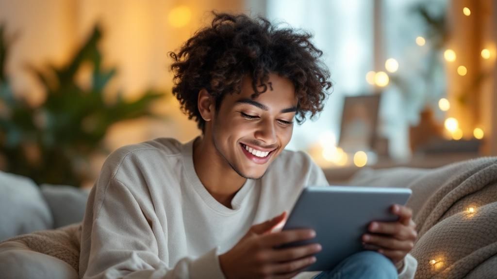 An elderly woman smiling while using a tablet, representing the connection provided by virtual companionship in senior care.