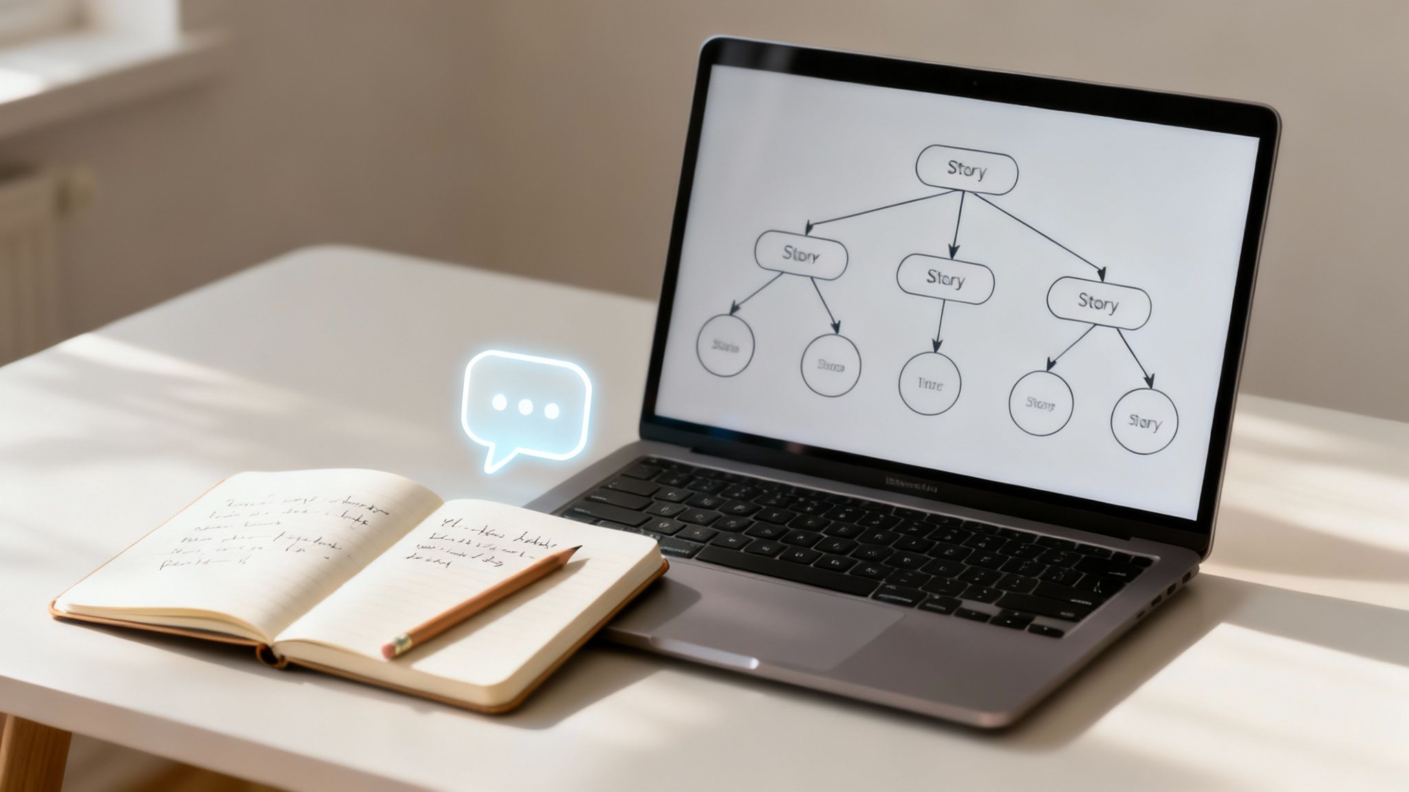 A laptop displays a story branching diagram, placed next to an open notebook and pencil, with a glowing chat icon.