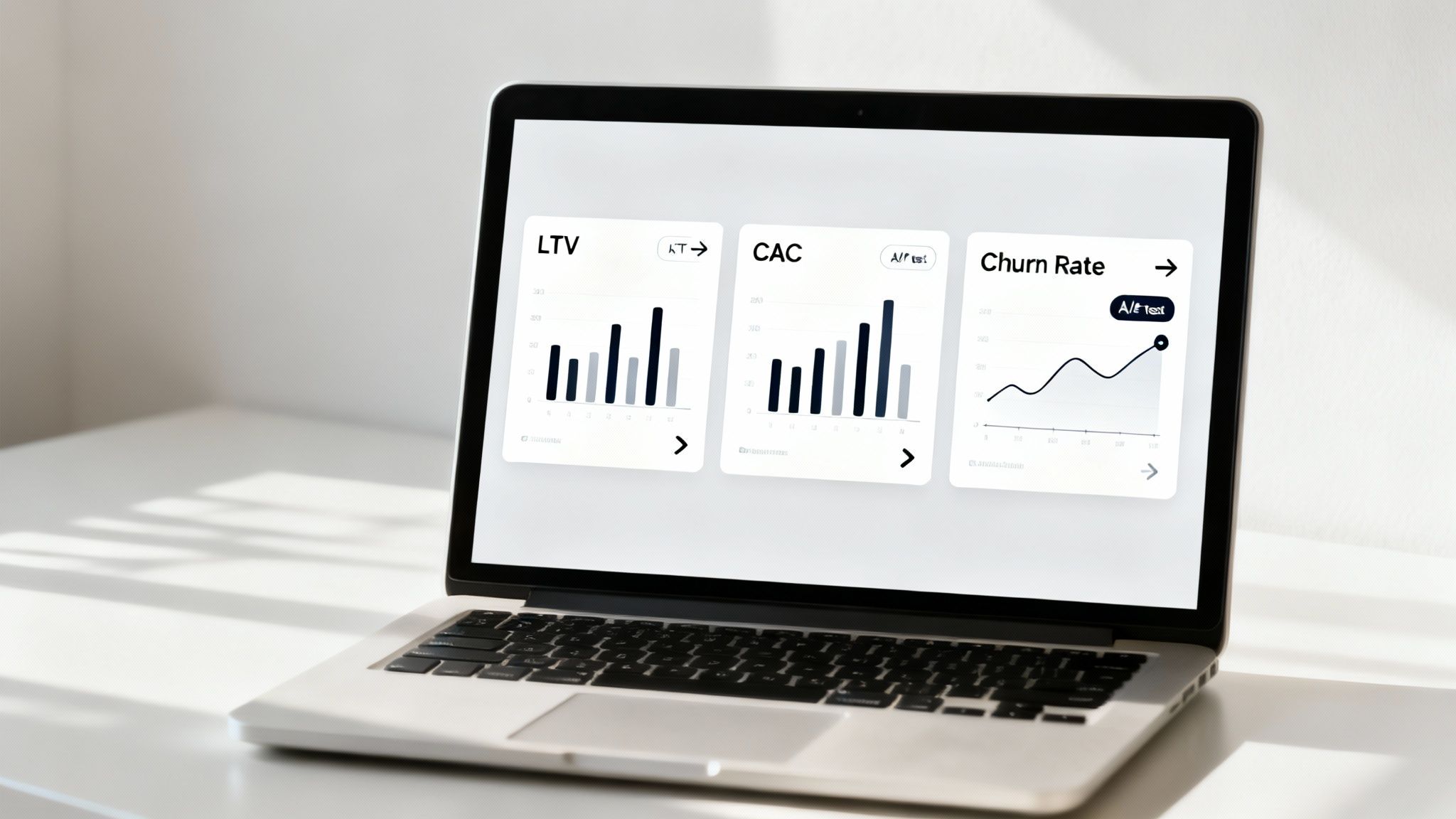 A silver laptop shows digital dashboards for LTV, CAC, and Churn Rate metrics on a bright white desk.