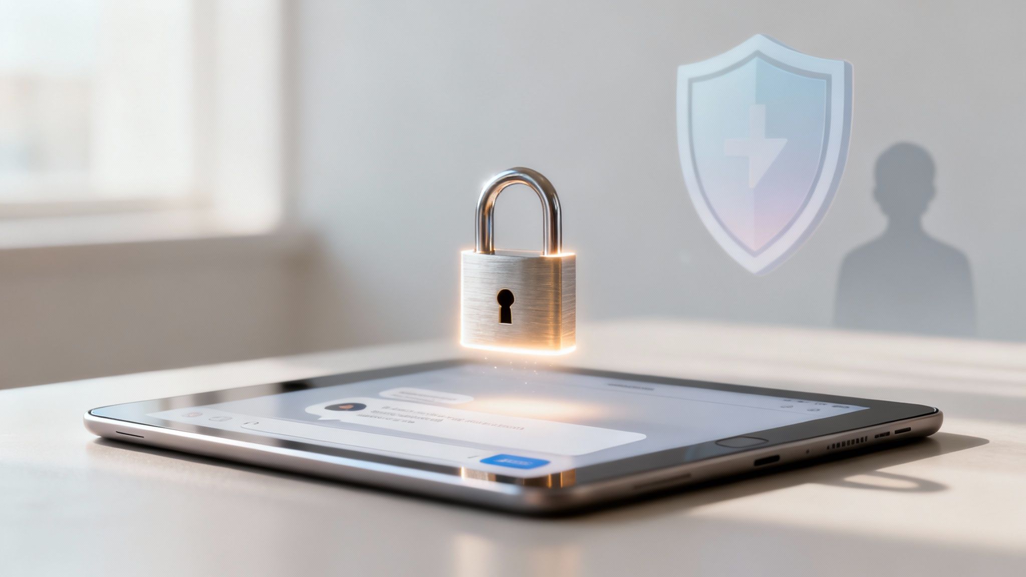 A glowing padlock symbolizes digital security above a tablet displaying a chat interface.