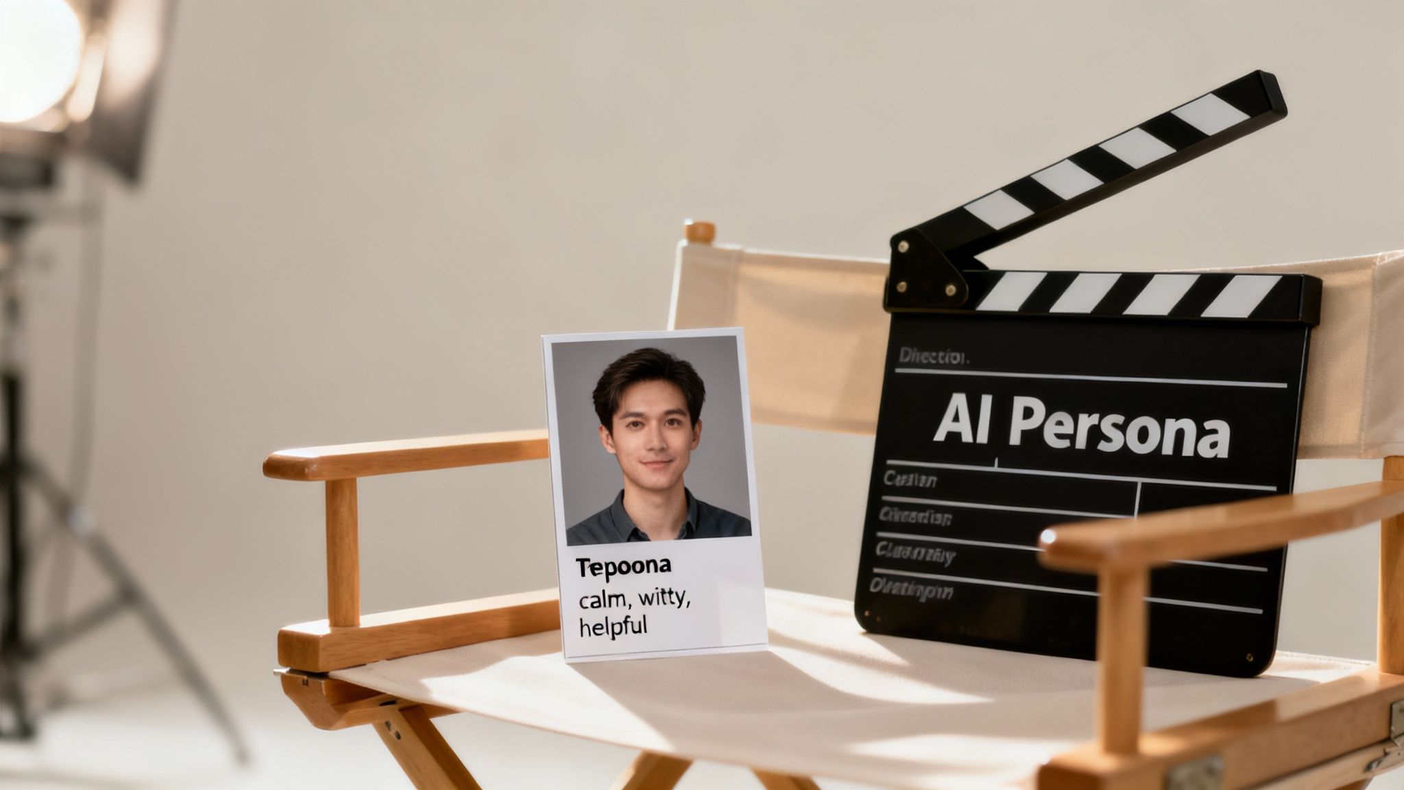 A clapboard saying 'AI Persona' next to a photo of 'Tepoona' described as calm, witty, helpful.