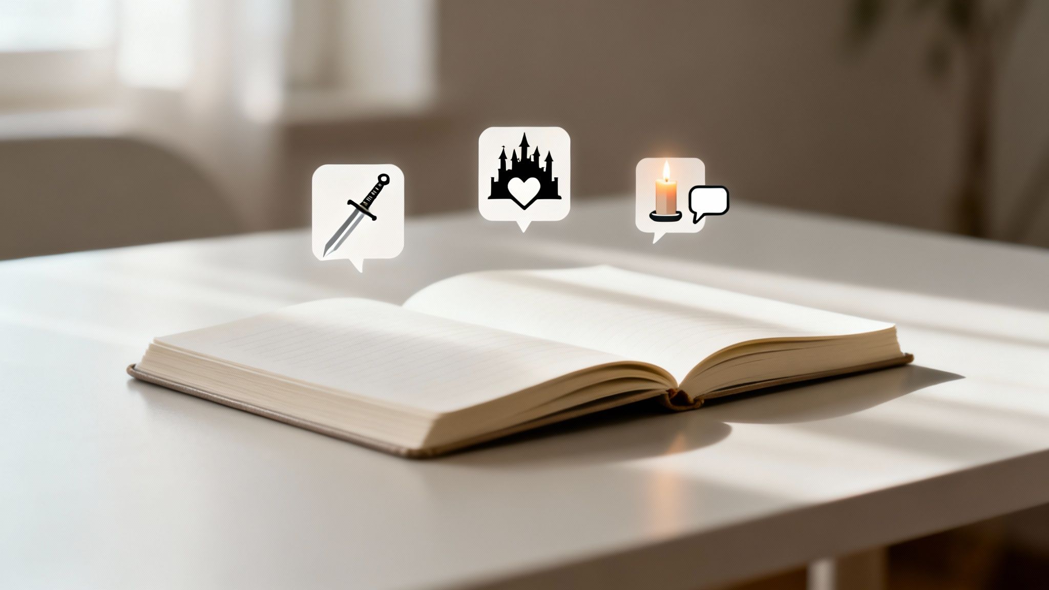 An open notebook on a table with floating icons: a sword, a castle, and a lit candle, symbolizing fantasy storytelling.