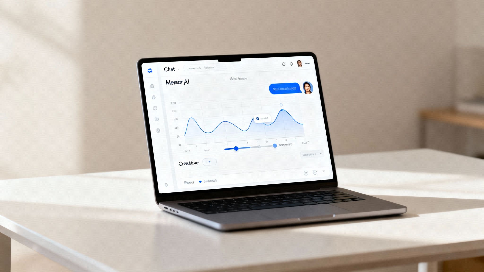 A laptop screen displays an AI chat interface with a dynamic line graph and profile picture.