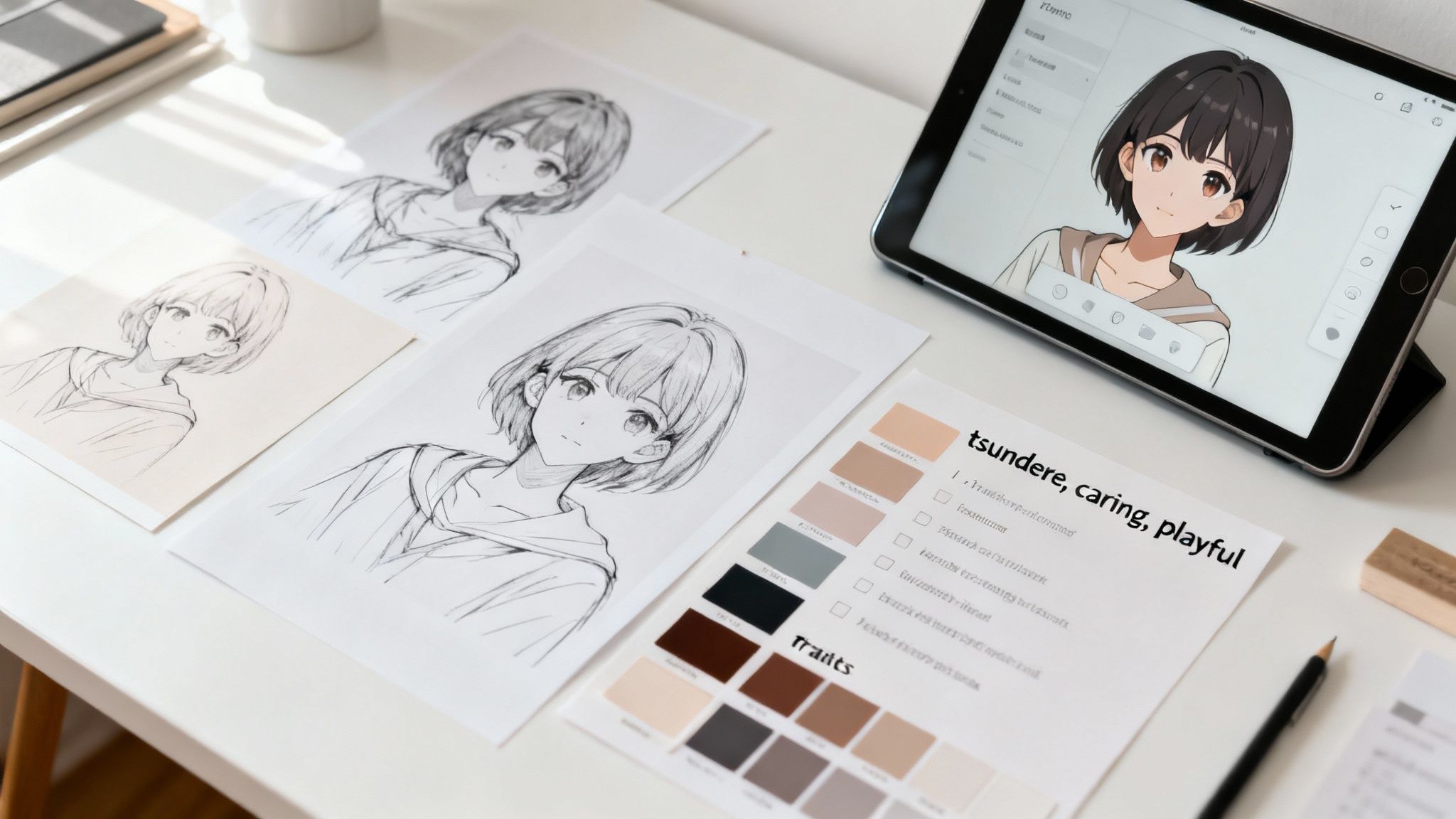 A desk with anime character sketches, an iPad displaying a digital anime girl, and design documents.