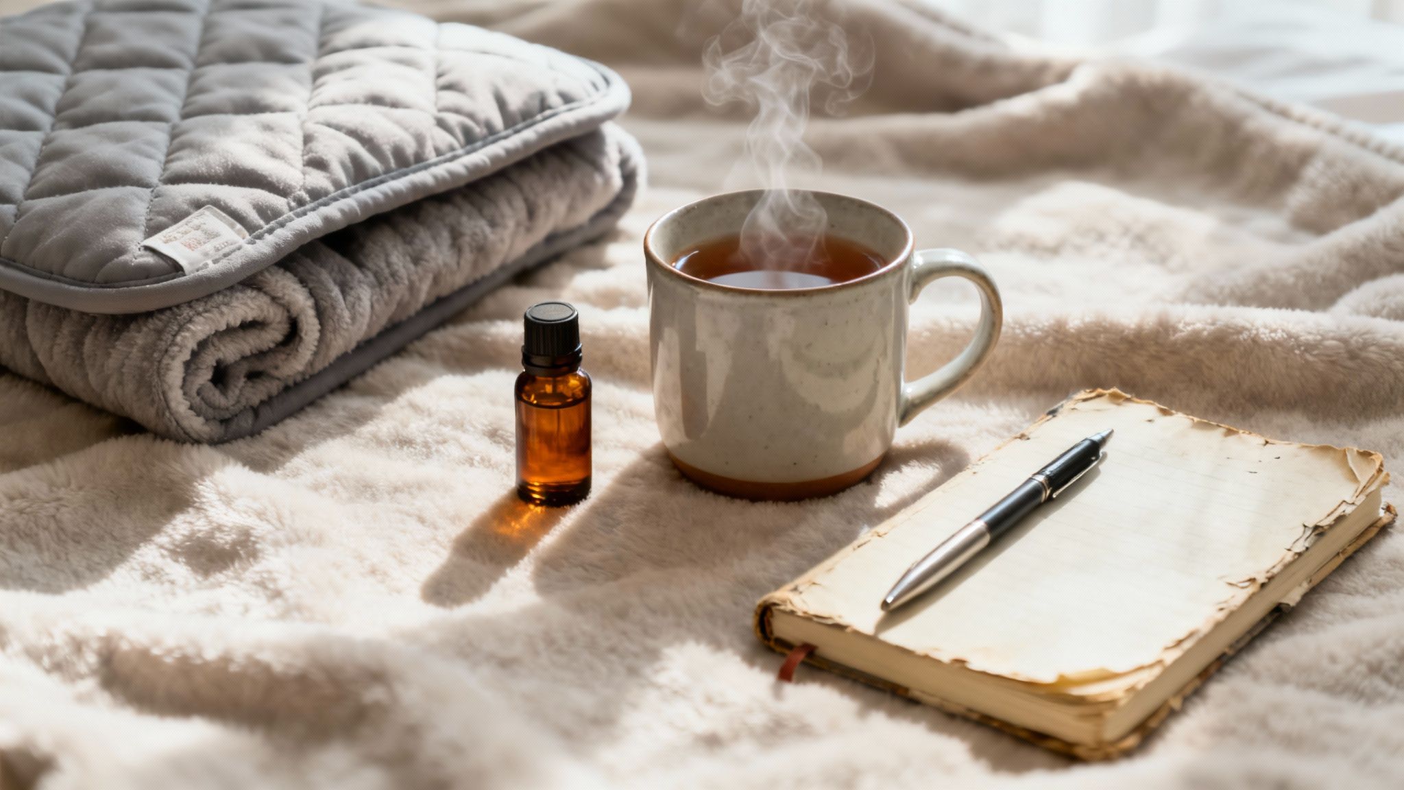 A person holding a warm mug, sitting comfortably by a window with a blanket.