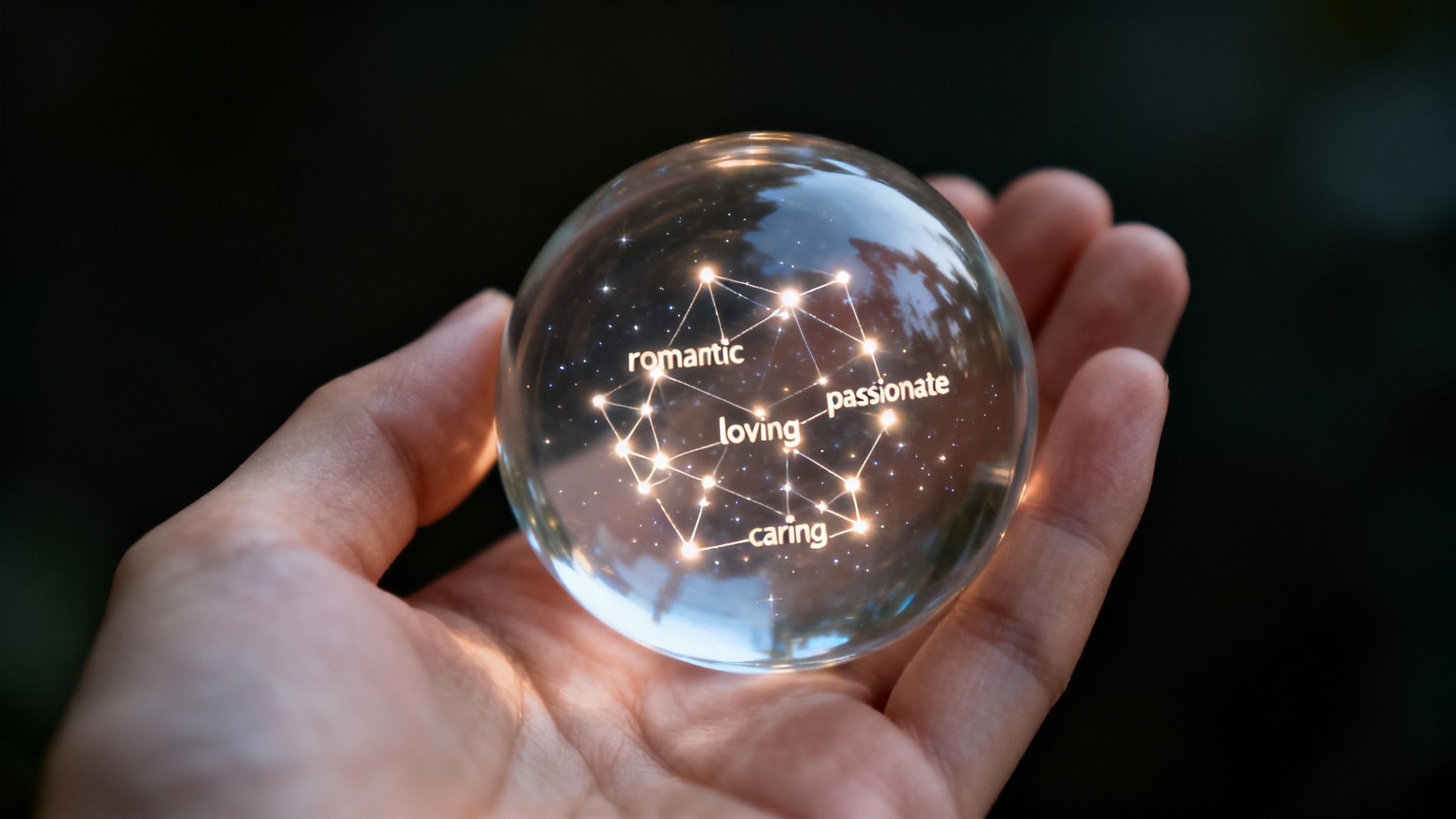 A hand holds a glowing glass sphere, showcasing interconnected words: romantic, loving, passionate, caring.