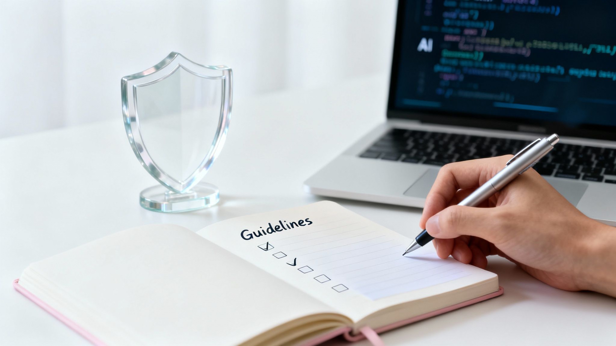 A person's hand writes in a notebook with "Guidelines" and checkboxes, beside a glass shield and laptop.