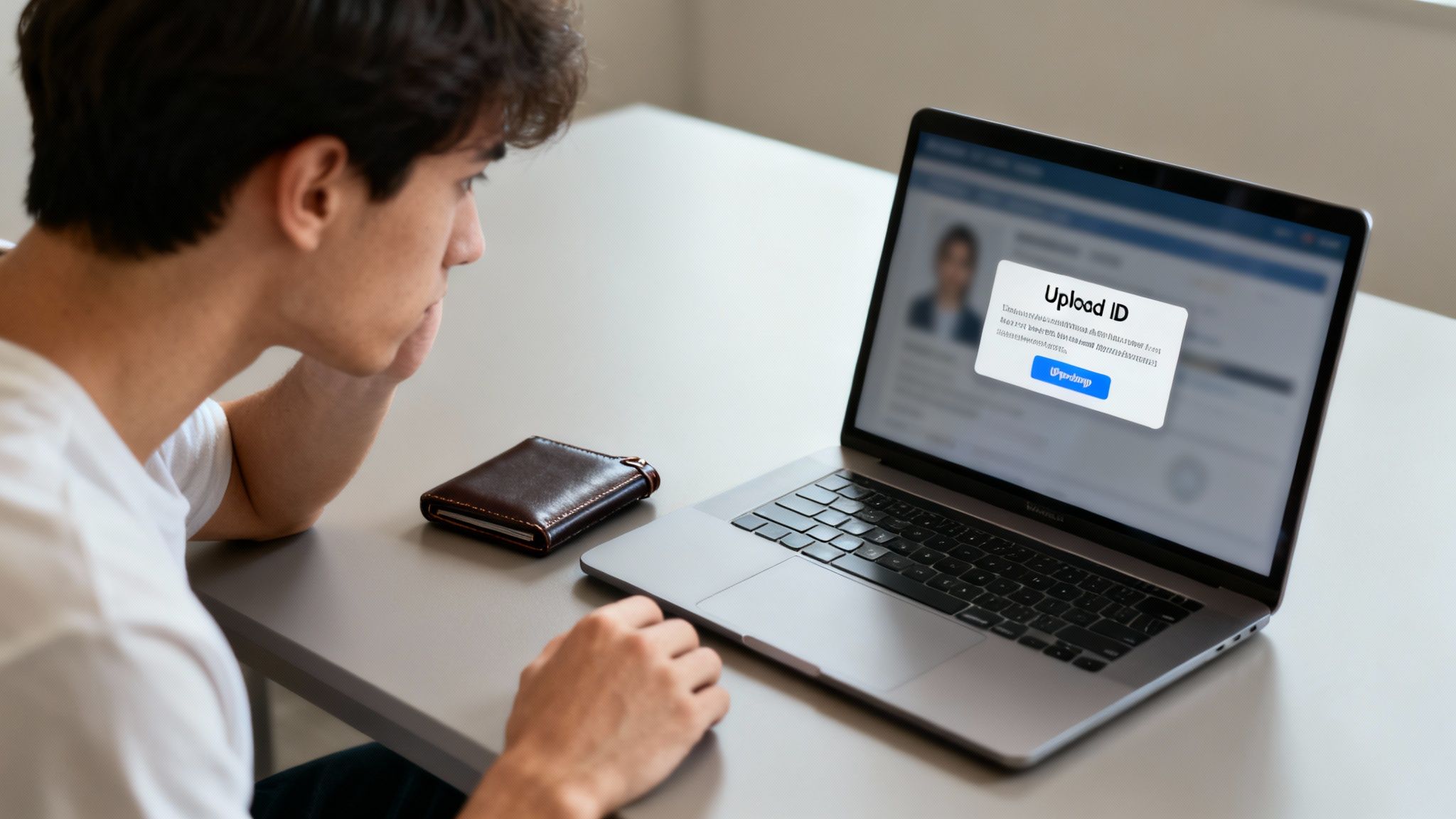 A person looks at a laptop displaying an 'Upload ID' pop-up, with a wallet on the desk.