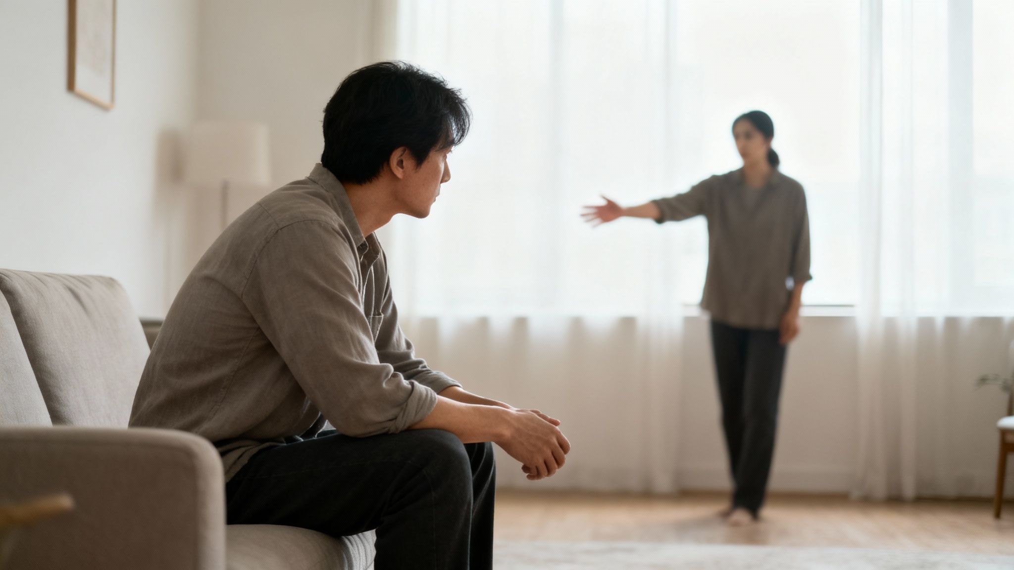 A man sits on a sofa, ignoring a woman reaching out to him, symbolizing relationship issues.