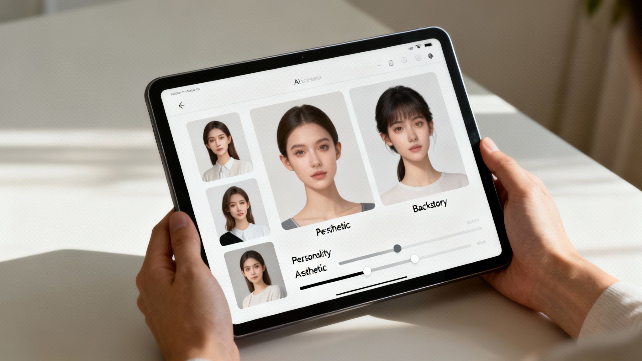 A person holds a tablet displaying an AI character creation interface with multiple female faces.