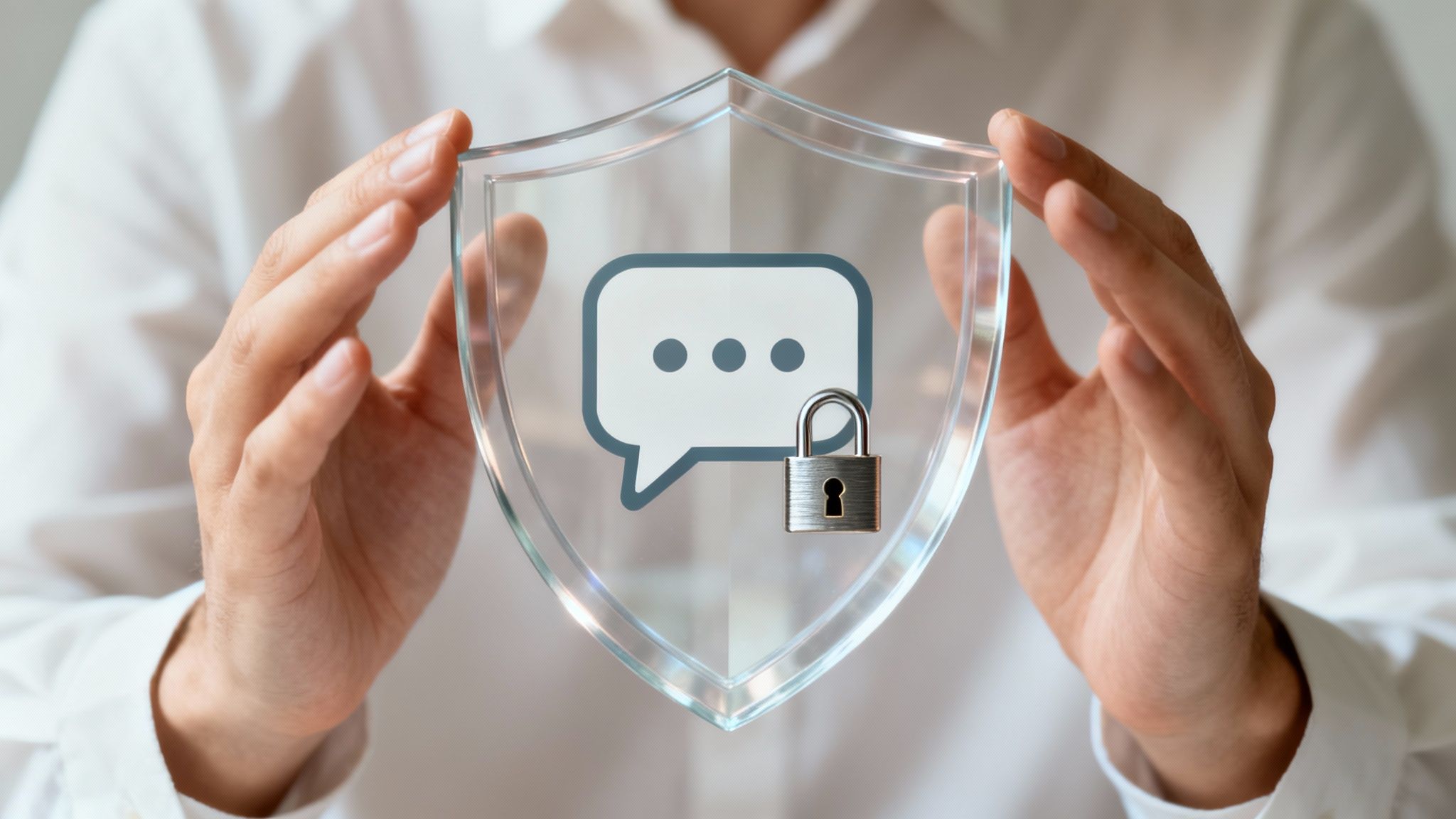 A person holding a transparent shield with a chat bubble and a padlock, symbolizing secure messaging.